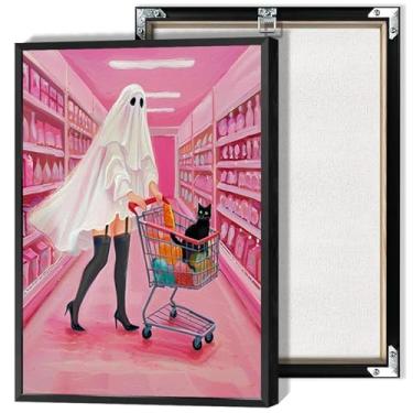Imagem de Arte de parede rosa fantasma supermercado fantasma gato preto cartazes em tela gótico sombrio Academia impressão de terror pintura para sala de estar quarto casa escritório decoração de parede 20 x 30