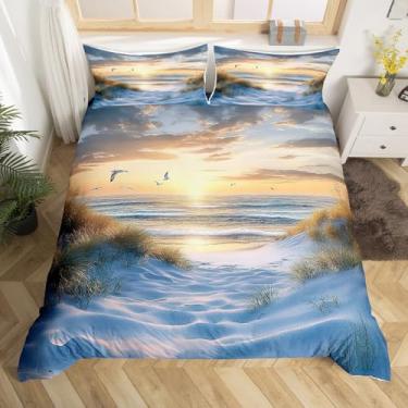 Imagem de Conjunto de capa de edredom infantil Ocean Beach, tamanho solteiro, gaivota, pássaro selvagem, decoração de quarto de meninos e homens, capa de edredom com vista natural do pôr do sol, capa de edredom
