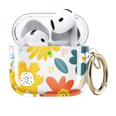 Imagem de Capa compatível com AirPods 4 2024 - Capa de TPU transparente com chaveiro dourado e carregamento sem fio (floral)