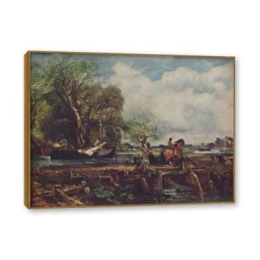 Imagem de Moldura de teca. Arte em tela romantismo estilo constável, (O cavalo pulando), pintura de paisagem inglesa emoldurada, decoração de parede elegante para sala de estar escritório. 30 x 40 cm - 11,8 x