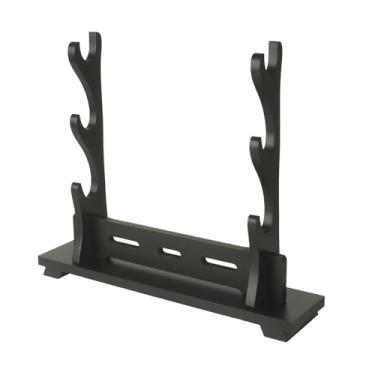 Imagem de QLQWDNDY Katana Suporte de espada de madeira para mesa, suporte para exibição de sabre de luz, cabide de espada samurai para cosplay (preto, 3 camadas)
