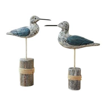 Imagem de Ioensy Conjunto de 2 estatuetas de aves marinhas em madeira, esculturas decorativas para casa, enfeites de mesa para jardim ou quintal.