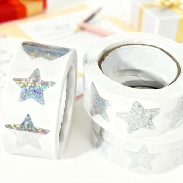 Imagem de 500 peças de adesivos brilhantes a laser em forma de estrela, etiqueta adesiva de agradecimento, decoração feita à mão, ideal para aniversário, casamento, festa, presente, selos de envelope, decoração