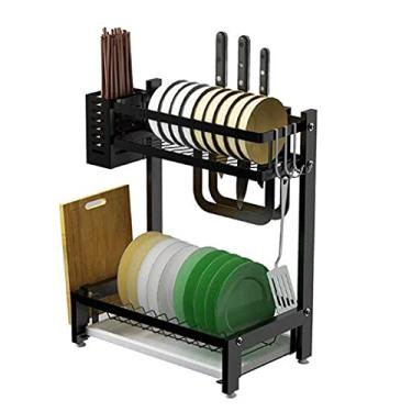 Imagem de Escorredor de pratos, escorredor de pratos, escorredor de pratos com bandeja coletora, escorredor de pratos de 2 camadas, suporte de escorredor de pratos preto, suporte de armazenamento de talheres de