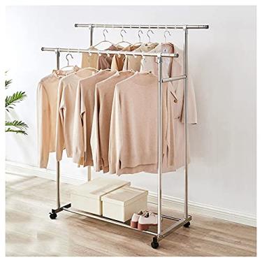 Imagem de LWJYMXBD Trilhos duplos sobre rodas, suporte de roupas extensível de 25 mm com prateleira de armazenamento e rodízios, trilho suspenso de aço inoxidável (tamanho: 70 cm)