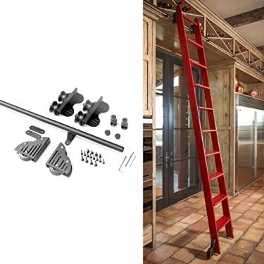 Imagem de Kit de porta de celeiro deslizante preta de 1 a 6 m, biblioteca de escada deslizante, conjunto completo de trilhos com rodízios de piso (sem escada), trilho de escada rolante de tubo redondo de aço