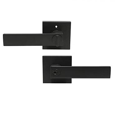 Imagem de Maçanetas de porta quadradas pretas com trava de cilindro de trava alavancas de porta dianteira traseira ferragens de fechadura de porta interna de segurança doméstica