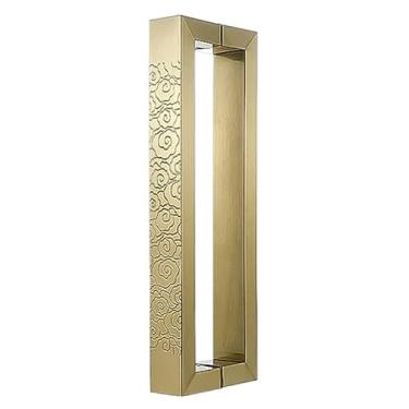 Imagem de STXYANGV Maçaneta de porta retangular com padrão esculpido dupla face, puxadores de porta comercial rústicos, conjunto de ferragens resistentes para porta de vidro/madeira/metal (cor: ouro, tamanho