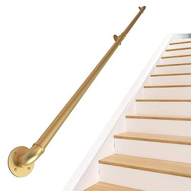 Imagem de Corrimão de escada - kit completo, corrimão de tubo dourado industrial de escada com suporte de montagem na parede, casa contra a parede, grades internas e externas para idosos (tamanho: 3,7 m)
