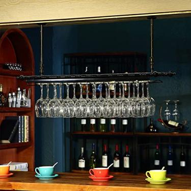 Imagem de Rack de vidro de vinho preto pendurado no teto, prateleira de armazenamento de garrafas de vinho de ferro industrial | Suporte de exibição de taças para prateleiras organizadoras decorativas de bar de