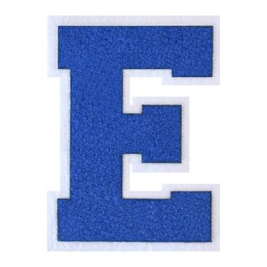 Imagem de 1 PÇ Patch de letra de chenille azul de 15 cm com borda branca – Adesivos do alfabeto para roupas, jaquetas, mochilas, chapéus para decoração personalizada, nome personalizado e artesanato. (E)