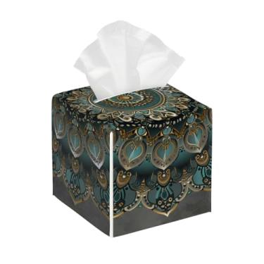 Imagem de Porta-lenços de papel quadrado de couro, impermeável, vintage, mandala, étnico, organizador de papel facial com cinto inferior, estojo de lenços para mesa, banheiro, escritório, mesa, carro