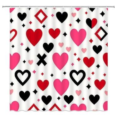 Imagem de ZWSMZW Cortina de chuveiro vermelha rosa choque preto amor coração doce amante moderno romântico festival exclusivo banheiro decoração tecido poliéster conjunto com ganchos 178 cm C x 178 cm L