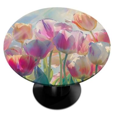 Imagem de hongjinglin Toalha de mesa redonda com borda elástica, vidro de girassol, retroajustada, toalha de mesa redonda limpa para decoração de cozinha de 114 a 142 cm