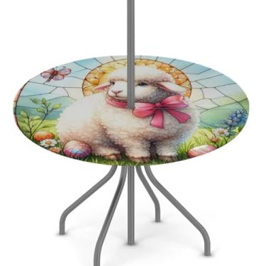 Imagem de hongjinglin Toalha de mesa de Páscoa para uso ao ar livre com orifício para guarda-chuva, toalha de mesa redonda elástica com zíper, impermeável, limpável, para piquenique, festa, pátio, serve para