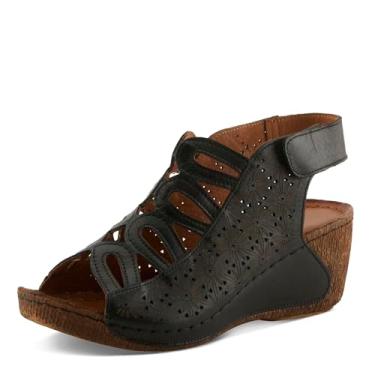 Imagem de Spring Step Sandálias femininas de couro Inocencia | Sandálias de salto baixo femininas com design floral de corte a laser, alça de , estilo mediterrâneo, Preto, 9.5-10