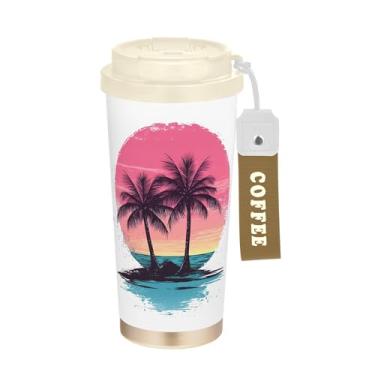 Imagem de SEHANY Caneca de viagem com palmeira de verão, 482 g, copos de café reutilizáveis revestidos de cerâmica com tampa à prova de vazamento, parede dupla, isolamento a vácuo, copo de café de aço