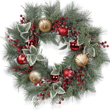 Imagem de Quixem Guirlanda de Natal de 55 cm para porta da frente, guirlanda fosca artificial com ornamentos vermelhos e dourados, frutas vermelhas e folhas de azevinho nevado, decoração de férias elegante para