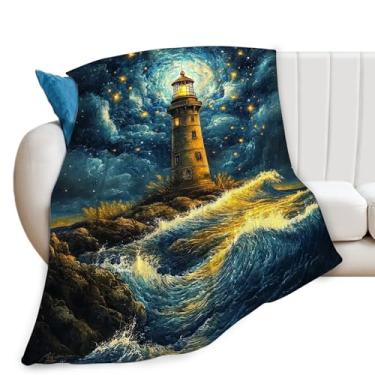 Imagem de Cobertor de farol náutico costeiro farol noite estrelada cobertores presentes para meninas meninos crianças macio aconchegante lã pelúcia para sofá cama 127 x 101 cm