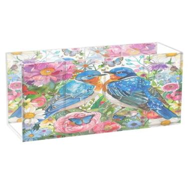 Imagem de SEHANY Lindo porta-canetas de acrílico com flores em aquarela, pássaro, 4 compartimentos, porta-lápis transparente, organizador de pincéis de maquiagem, organizador de papelaria para escritório, casa