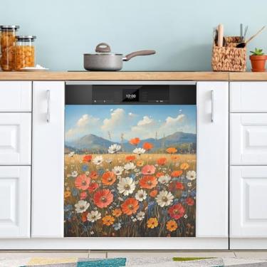 Imagem de ATTX Pintura a óleo vintage flores silvestres capa ímã máquina de lavar louça, 58 cm C x 66 cm A decoração da capa frontal da máquina de lavar louça, decalques de armário doméstico eletrodomésticos