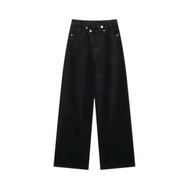 Imagem de Calças Jeans De Cintura Alta Com Design Assimétrico Para Mulheres, Cal