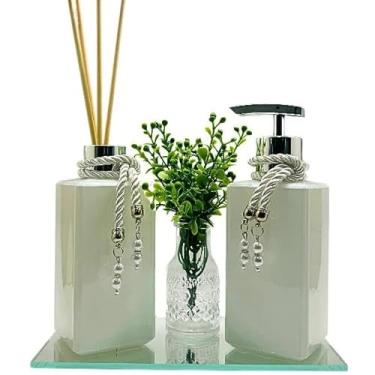 Imagem de Kit 02 Frascos de Vidro Square Galena 250ml para Difusor de Aroma e Sabonete Líquido com Bandeja Espelhada, Vaso e Varetas(PRATA)