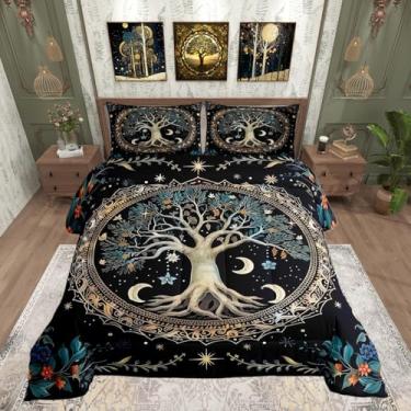 Imagem de Castle Fairy Jogo de cama Queen com árvore da vida, boêmio, sol, lua e galáxia, decoração de quarto de meninos e meninas, conjunto de edredom com folhas e flores, preto, Kahki, azul-petróleo, 3 peças
