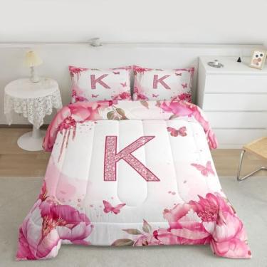 Imagem de jejeloiu Conjunto de edredom solteiro com estampa de borboleta, monograma, para crianças, adolescentes, letra K, lindas borboletas, decoração de quarto, flor, 2 peças com 1 fronha