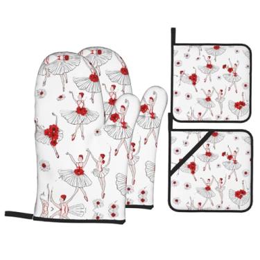 Imagem de Sapatilhas de balé - Conjunto de luvas de cozinha estampadas com suportes de tampa, luvas de forno resistentes ao calor para manusear panelas quentes, grelhar, churrascos, kit de 4 peças.