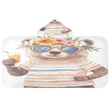 Imagem de Burbuja Urso usando óculos de sol flor grinalda com capuz toalha de banho para crianças, toalha de praia de pelúcia macia absorvente para meninas meninos chuveiro 3-10 anos, 61 x 127 cm