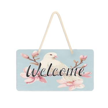 Imagem de Burbuja Placa de boas-vindas com flores de magnólia rosa pomba para porta da frente, placa de boas-vindas de PVC para pendurar na parede, decoração de férias, 15 x 28 cm