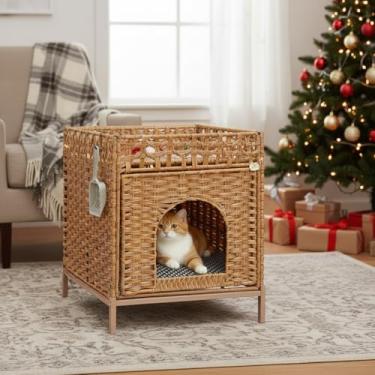 Imagem de Homegroove Mobiliário de caixa de areia para gatos, caixa de areia oculta com tapete macio e cerca, confortável casa de gato de vime tecida à mão com ganchos em forma de S para sala de estar, quarto