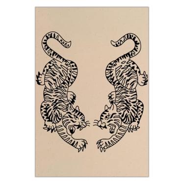 Imagem de ADRHGCY Par de pôster vintage tradicional de tigre de tinta preta par de tigres guardiões com caudas enroladas arte de parede em tela impressões japonesas de chita para decoração de parede de quarto