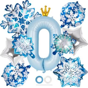Imagem de Balão de coroa número 0 de 101 cm, decorações de festa de aniversário azuis, balões de Mylar de folha de flocos de neve para decorações de festa de aniversário com tema de inverno (número 0)