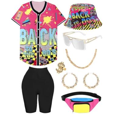 Imagem de Conjunto feminino anos 80 anos 90 camisa de beisebol shorts pochete retrô festa fantasia acessórios, Rosa - Anos 80, 3G