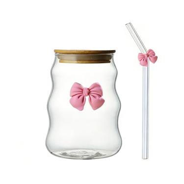Imagem de 1 copo de vidro elegante com laço com tampa e canudo - Louça reutilizável listrada ondulada, ideal para leite, café e decoração de casa - perfeita para o dia dos namorados e celebrações, acessórios de