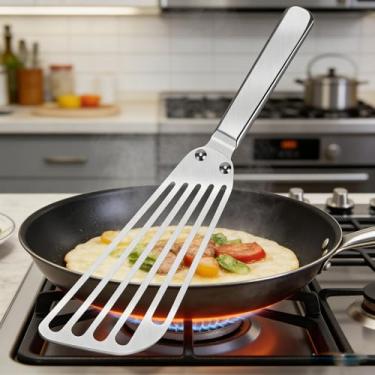 Imagem de Espátula de peixe flexível de aço inoxidável - Flipper de ovo fino com fenda com alça rebitada, lâmina angular e aderência oca, espátula de metal para cozinhar panquecas de ovo de peixe (1 pacote)
