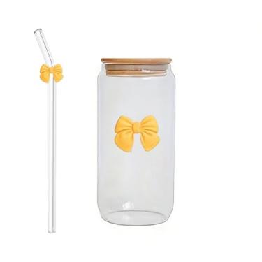 Imagem de Copo de canudo de arco de vidro com tampa e canudo, design criativo de laço colorido, copo de vidro simples, adequado para decoração de casa, copo de água potável diário para casa, copo de água de