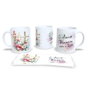 Imagem de Caneca com Arte em Aquarela, Paisagem Natural ao Pôr do Sol, Cerâmica Branca com Frase 'Ele Ressuscitou, Assim Como Disse', Design Inspirador (17268)