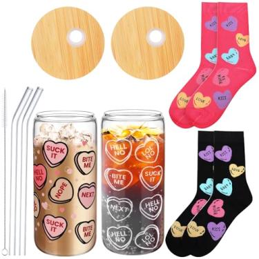 Imagem de Domensi 2 conjuntos de copos de vidro de dia dos namorados com corações meias copo com tampa e canudo presentes de dia dos namorados para casal, mulheres, homens, café gelado, lata de cerveja para