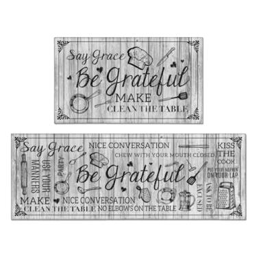 Imagem de QXWREL Tapetes e tapetes de cozinha Farmhouse, conjuntos de 2 peças para piso, Be Grateful White Vintage Tapete de cozinha antiderrapante e corredor, tapete lavável na máquina para decoração de