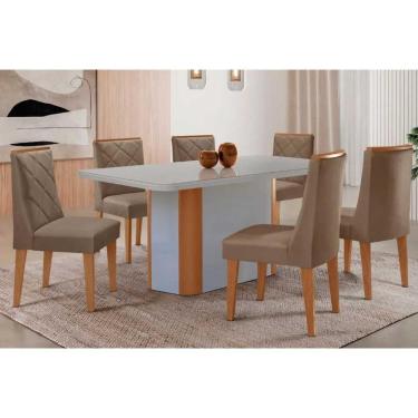 Imagem de Sala Jantar Mesa Pietá Tampo c/ Vidro Curvo 180cm+6 Cadeiras Pietá Naturale/Off White - Suede Capuccino - Rufato