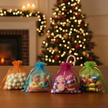 Imagem de 50 peças de sacos de presente de organza com cordão transparente para lembrancinhas de casamento de doces, embalagem de joias, suprimentos de embrulho de presente 9 x 12 cm