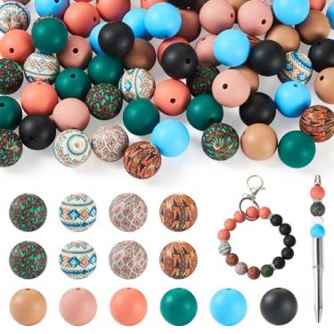Imagem de KISSITTY 84 peças de contas de silicone de 15 mm redondo focal, estilo étnico, espaçadores de artesanato perfurados com orifício para canetas com miçangas faça você mesmo, colar, pulseira, chaveiro