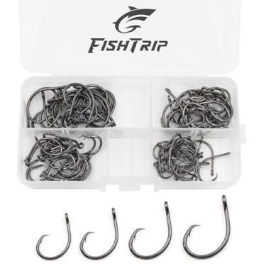 Imagem de FishTrip Ganchos circulares de água salgada, 80 ganchos de pesca em linha, 5 x fortes para peixe-gato, preto/aço de alto carbono/não deslocado/olho fechado/abertura larga para robalo listrado salmão 1