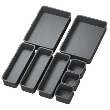 Imagem de Separadores organizadores de gavetas, sistema de armazenamento de 8 peças, azul cinza, para escritório, banheiro, cozinha, para armazenar cosméticos, suprimentos de costura, acessórios, joias