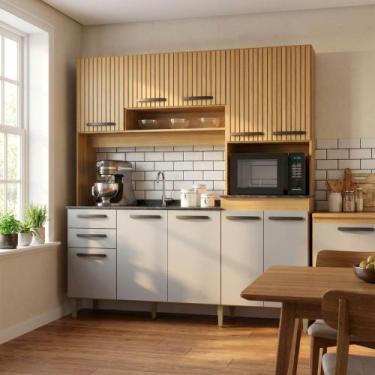 Imagem de Cozinha Compacta Elisa Ripada 200cm 10 Portas 2 Gavetas Damasco Off Wh