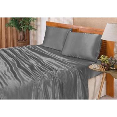 Imagem de Jogo De Lençol Casal King Cetim Seda Cinza 4 Peças - Lm Detona