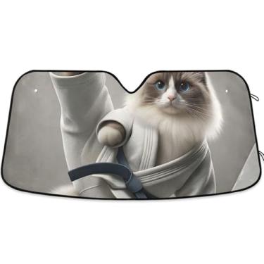Imagem de Guarda-sol engraçado de karatê de gato personalizado para para-brisa de carro bonito dobrável universal acessórios de carro persianas para-brisa frontal P, 134,6 cm x 59,7 cm